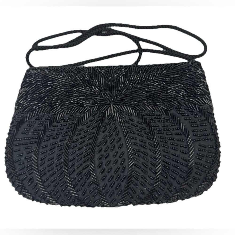VTG Gallery Originals 1984 Ladies Cluch Purse Shoulder Bag Black Beaded 5.5”x8”